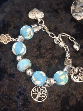 Sky Blue Beaded Charm Bracelet with Tree Pendant - Unbranded
